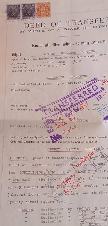 (80)Rhodesia(BSAC) 1913 1 Pound Pair On complete Deed of Transfer, incl. 5&10 Shillings all perfined