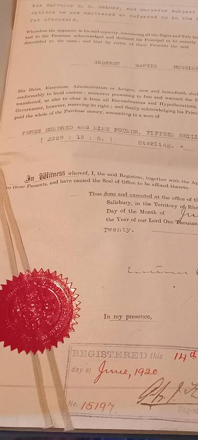 (80)Rhodesia(BSAC) 1913 1 Pound Pair On complete Deed of Transfer, incl. 5&10 Shillings all perfined
