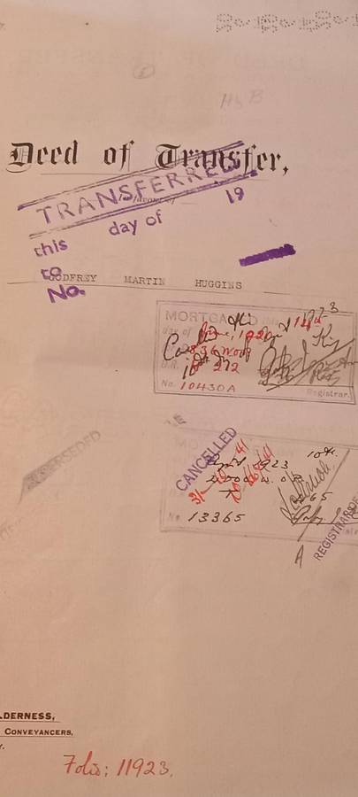 (80)Rhodesia(BSAC) 1913 1 Pound Pair On complete Deed of Transfer, incl. 5&10 Shillings all perfined