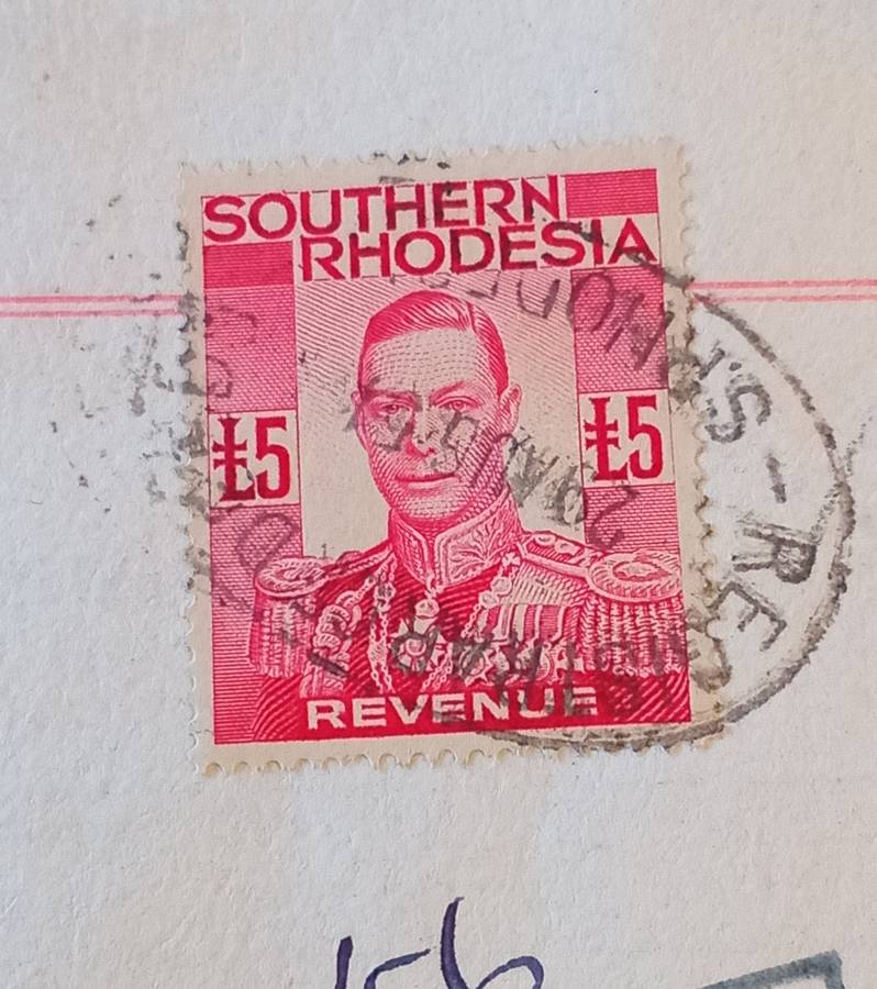 SOUTHERN RHODESIA 1937 KGVI, £5 REVENUE STAMP ON DEED OF TRANSFER Dated 1951
