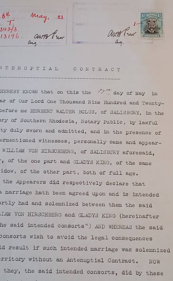 BSAC, Rhodesia, 1s used on Antenuptial contract dated May 1923 Black and Light Blue