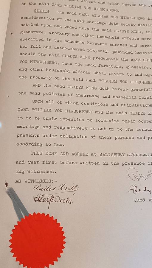 BSAC, Rhodesia, 1s used on Antenuptial contract dated May 1923 Black and Light Blue