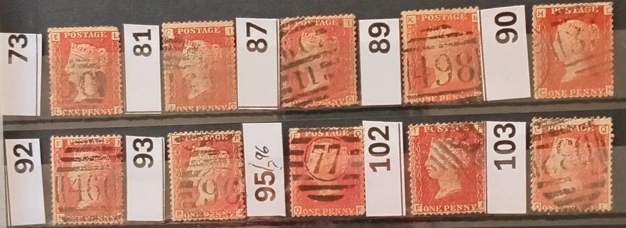 GB 1858, QV, 1d Red Pennys x 10 all with different plate nrs VFU