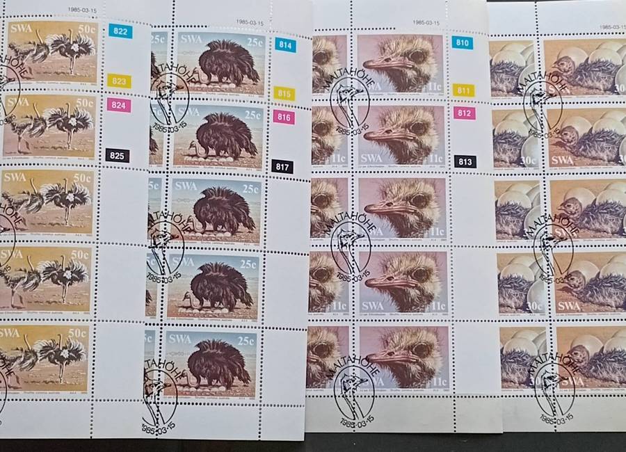 SWA 1985 Ostriches 4 x Control Blocks of 10 stamps