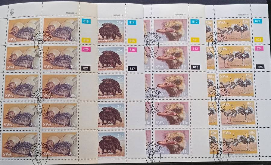 SWA 1985 Ostriches 4 x Control Blocks of 10 stamps