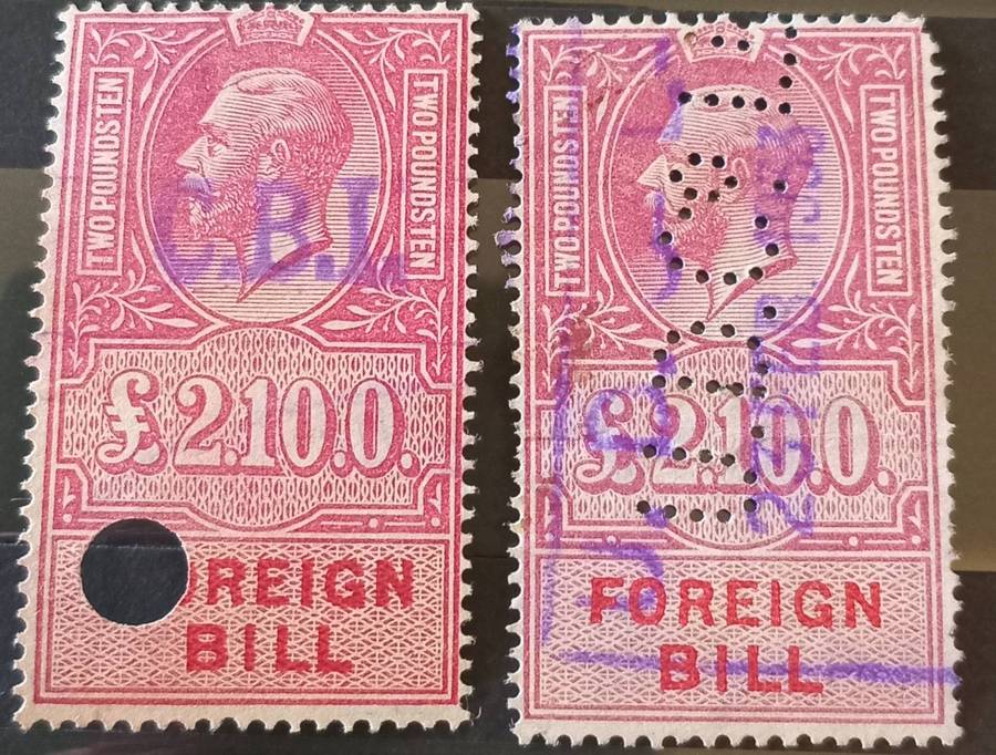 GB 1933 2 x KGV FOREIGN BILL's, £2/10s/0d. Clear 1933 hand cancel(purple) CV R800+
