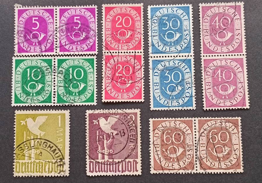 Germany 1951 Selectiom of Numerical and Post Horn stamps in pairs and singles. CV R1000+
