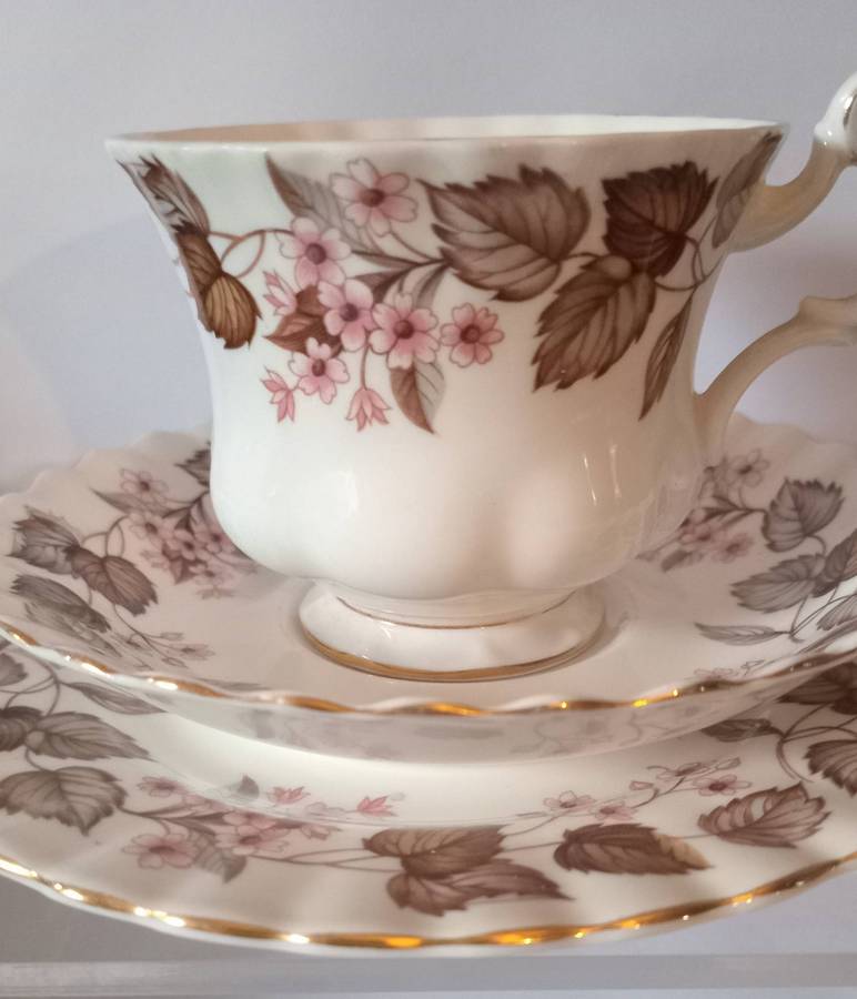 ROYAL ALBERT LINDEN LEA TRIO SOFT PINK AND AUTUMN LEAVE DESIGN