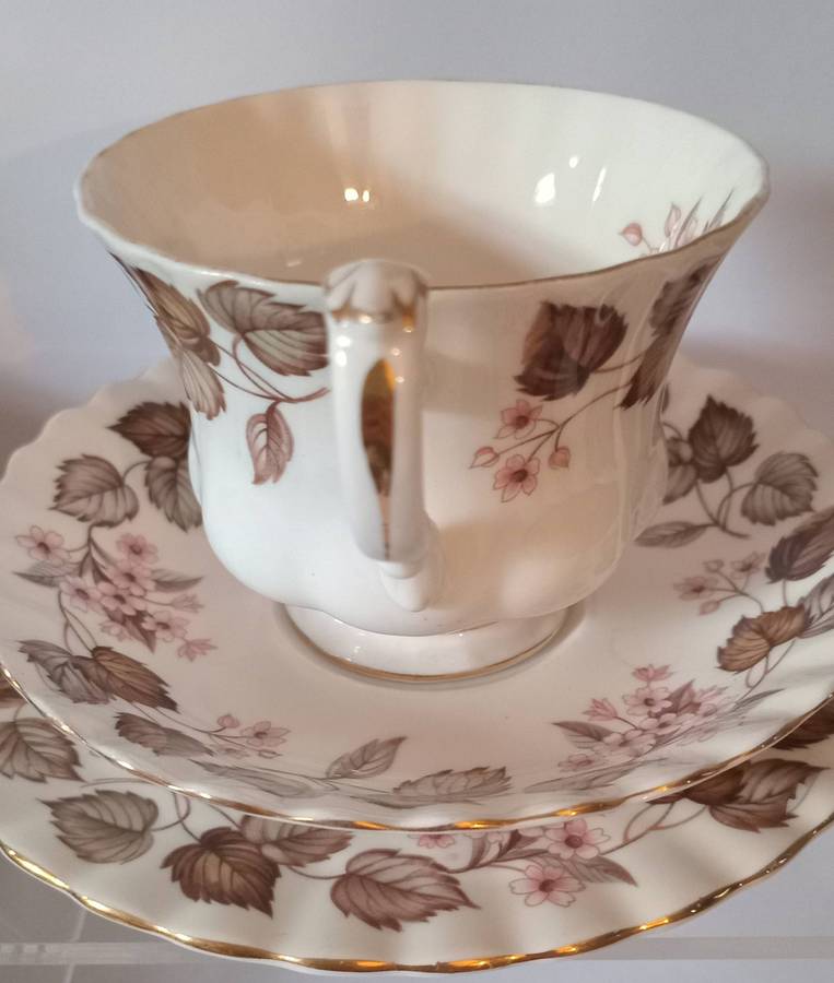 ROYAL ALBERT LINDEN LEA TRIO SOFT PINK AND AUTUMN LEAVE DESIGN