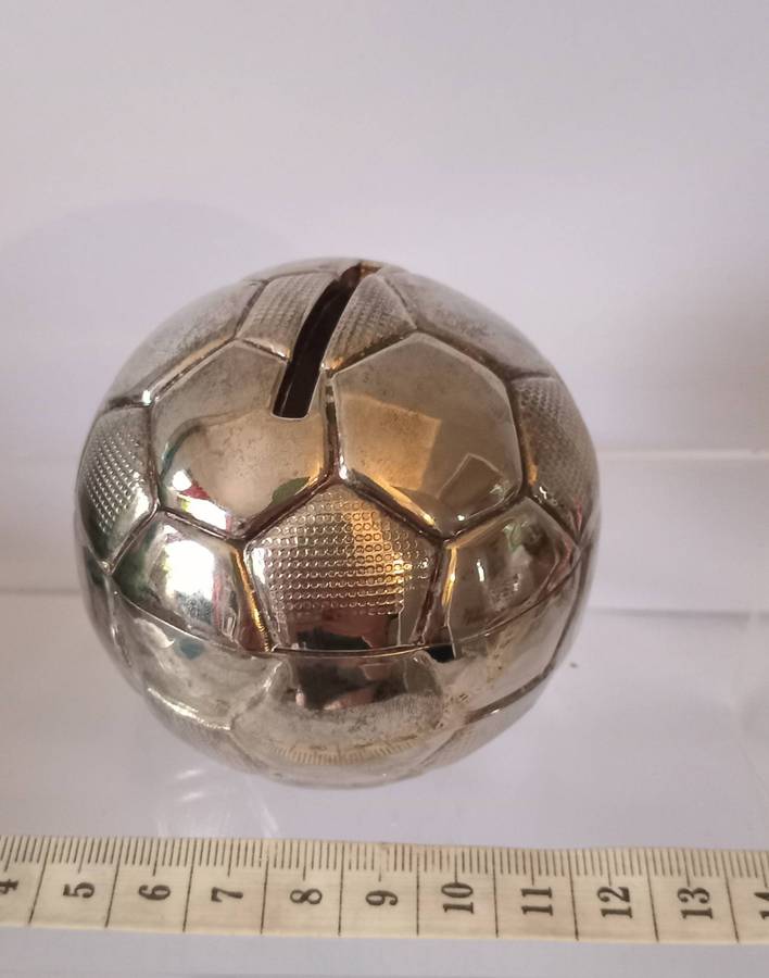 VINTAGE SILVER PLATED ENGLISH FOOTBALL BANK(MONEY BOX)with its original box