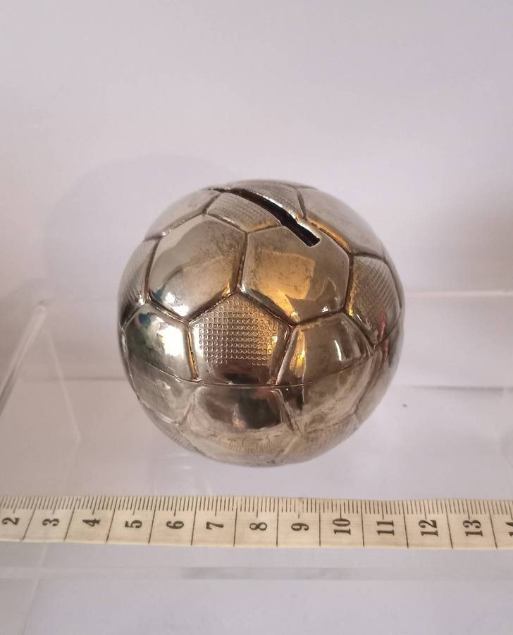 VINTAGE SILVER PLATED ENGLISH FOOTBALL BANK(MONEY BOX)with its original box
