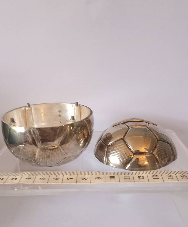 VINTAGE SILVER PLATED ENGLISH FOOTBALL BANK(MONEY BOX)with its original box