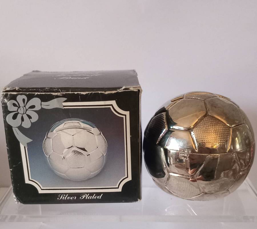 VINTAGE SILVER PLATED ENGLISH FOOTBALL BANK(MONEY BOX)with its original box