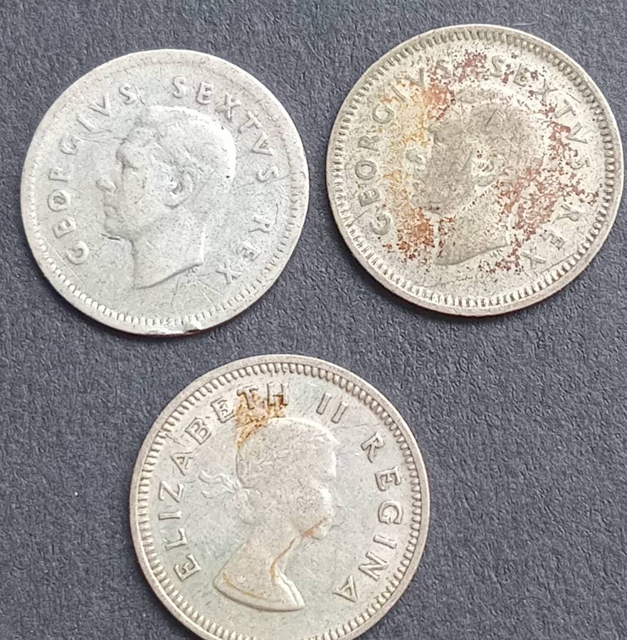 1950's Union of SA 3 Pence Coin's x 3 (1x80% & 2x50% silver)
