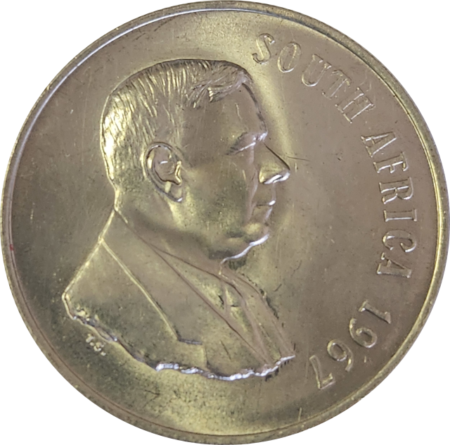 1 (ONE) RAND (R1) - 1967 -Dr. Hendrik Verwoerd - GREAT COIN !!!  Clear strike  through !