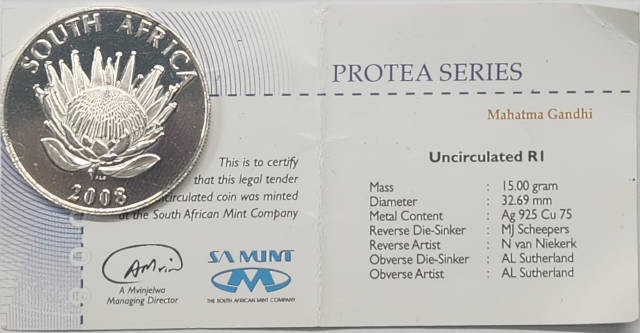 R1 (ONE) RAND - 2008 - Silver - UNC - Mahatma Gandhi Protea Series Coin - Mintage 3707