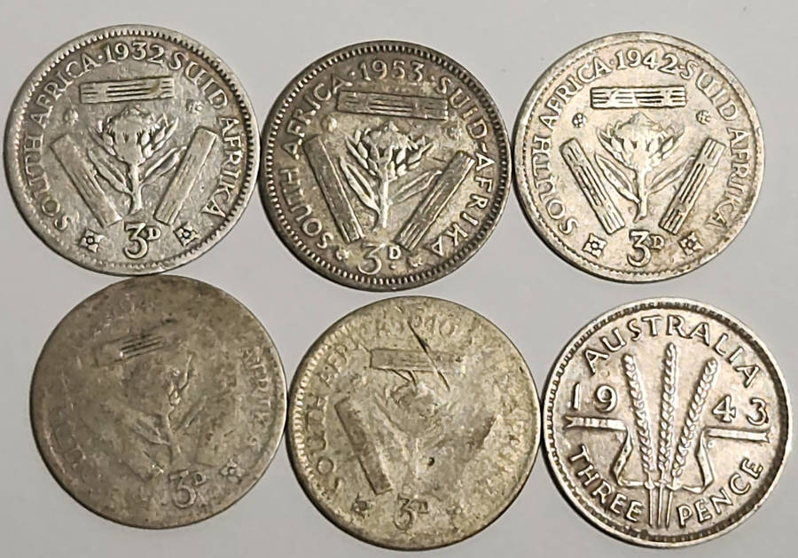 6 x  3 (Three) Pennies (SILVER 8.46g) includes 1932 3P !