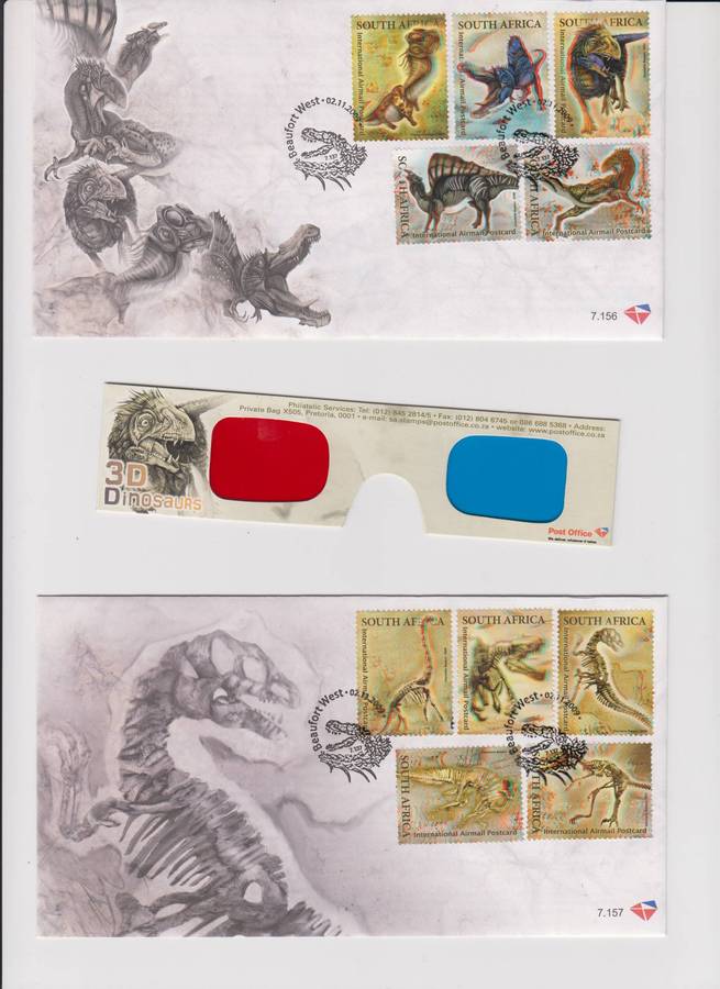 RSA - 2009 - 3D Dinosaur  - FDC 7.156 & 7.157 + MNH Sheetlet + Glasses - SACC 1985