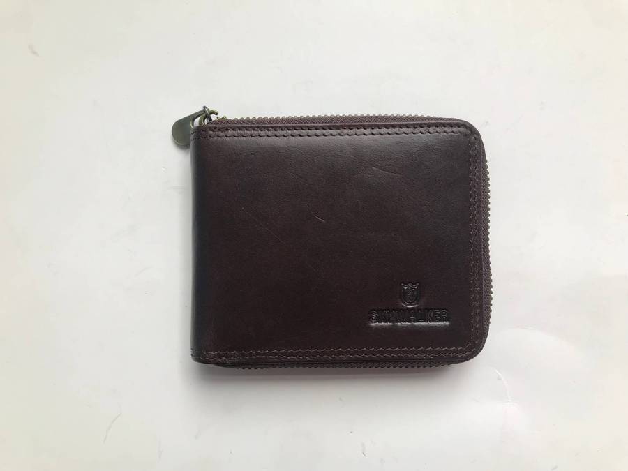 Men's Genuine Leather Zip Around Bifold Wallet+SD Memo Cardholder-Brown