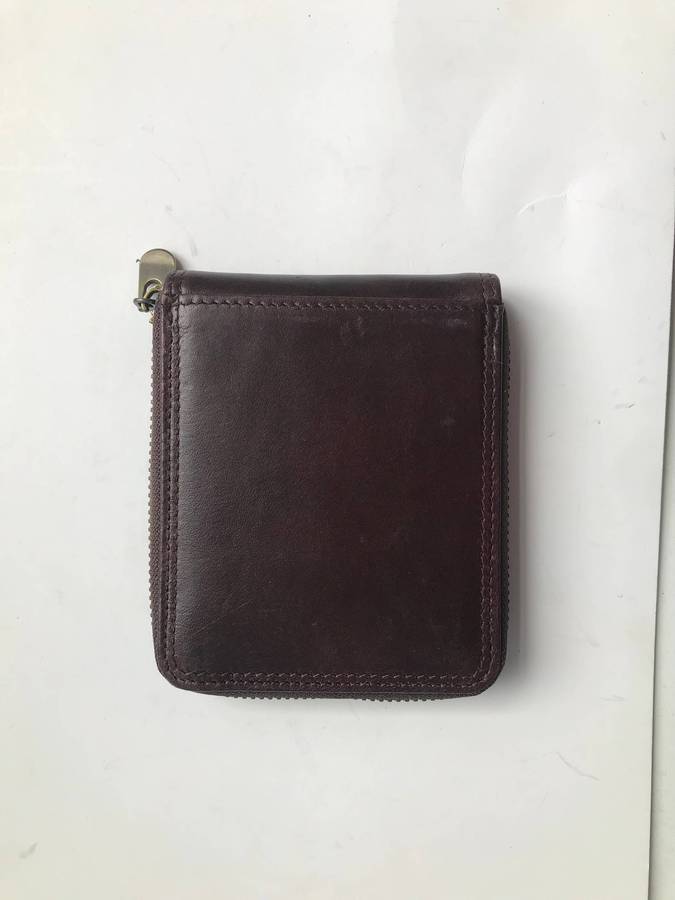 Men's Genuine Leather Zip Around Bifold Wallet+SD Memo Cardholder-Brown