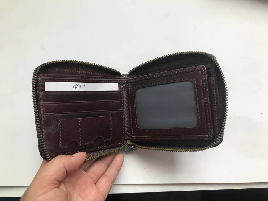Men's Genuine Leather Zip Around Bifold Wallet+SD Memo Cardholder-Brown