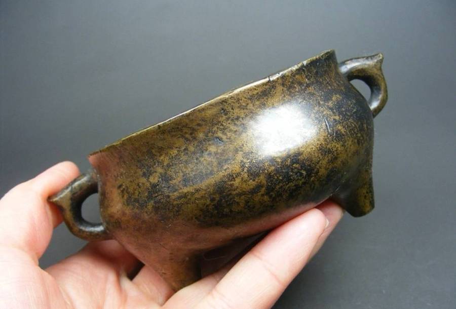 Old yellow copper three legged double ear incense burner from Hong Kong(MinGuo)
