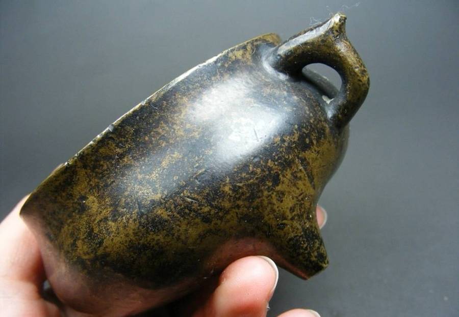 Old yellow copper three legged double ear incense burner from Hong Kong(MinGuo)