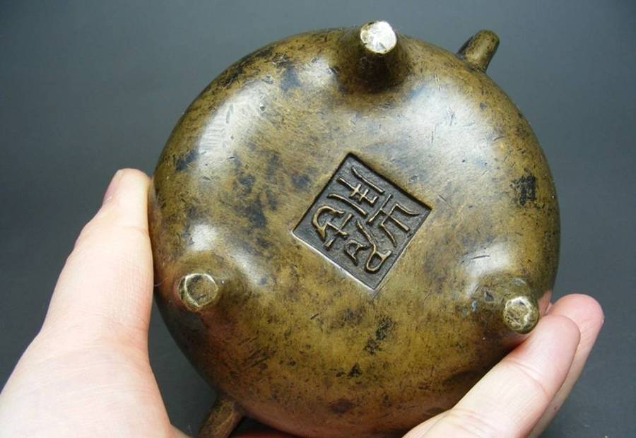 Old yellow copper three legged double ear incense burner from Hong Kong(MinGuo)