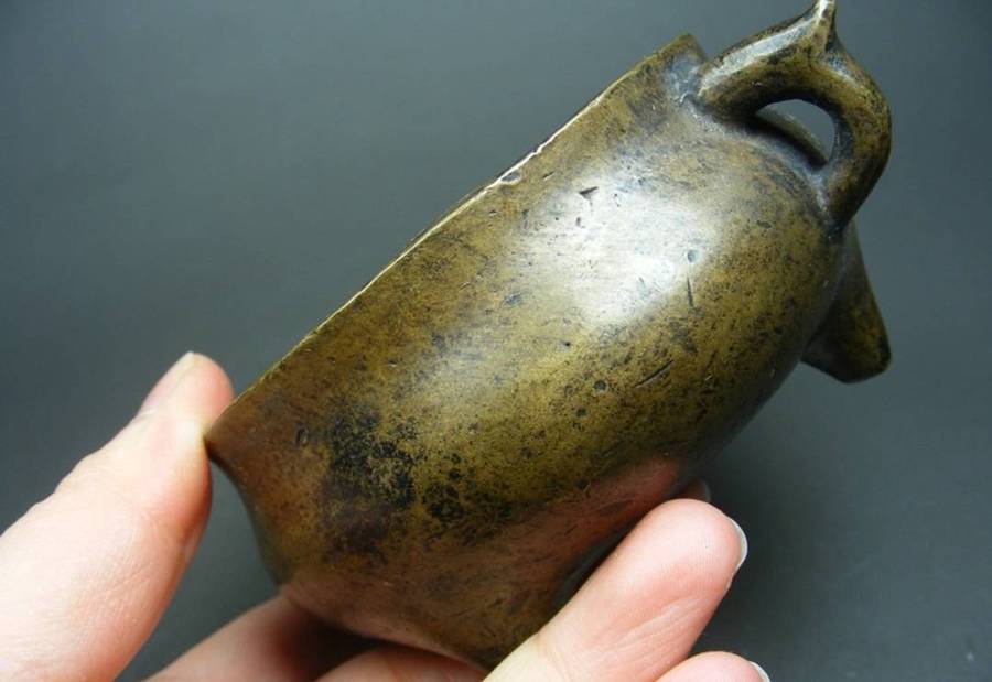Old yellow copper three legged double ear incense burner from Hong Kong(MinGuo)