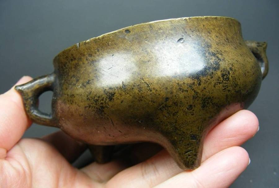 Old yellow copper three legged double ear incense burner from Hong Kong(MinGuo)