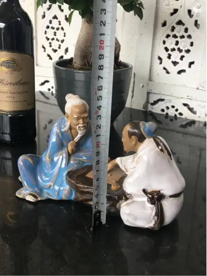 Large Vintage Chinese Shiwan Glazed Mudmen Figurines Playing Go