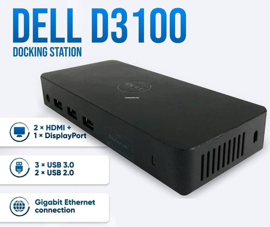Dell D3100 USB 3.0 Ultra HD/4K Triple Display Docking Station , Black + 45W DELL Charger