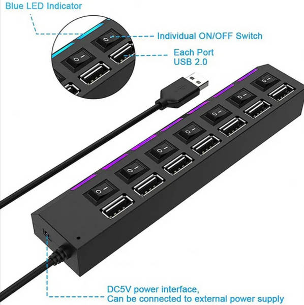 7-Port Usb 2.0 Hub With Led Light Indicator & Individual Switch - White
