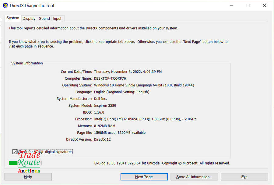 Dell Inspiron 3580 i7 8565U 8th Gen 8GB RAM 1TB HDD 15.6 inch Laptop