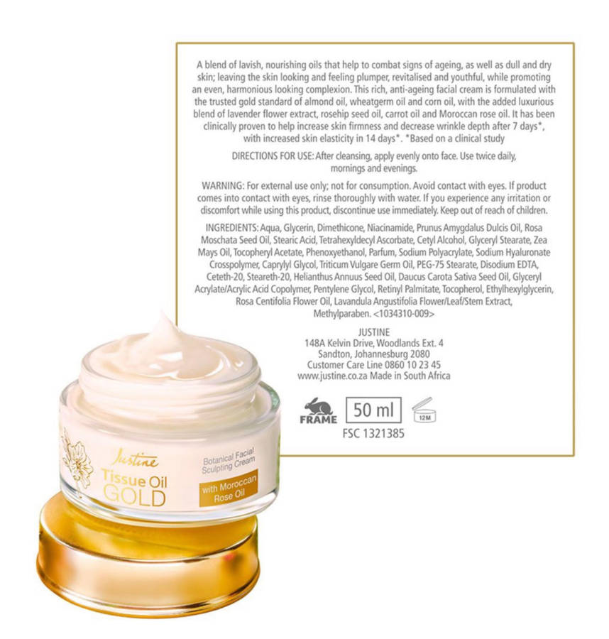 Justine Tissue Oil Gold Botanical Facial Sculpting Cream - 50ml