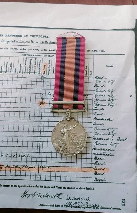 Boer War Medal - QSA to  P.E. Town Guard- H.Hayes
