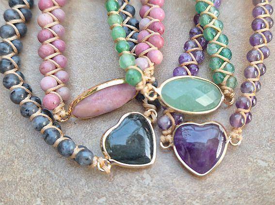 4 Pcs  Natural Amethyst / Green Aventurine / Labradorite / Rhodonite/ Woven Beaded Bracelets