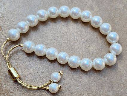 1Pc  Natural Shell Pearl  / Beaded Slider Bracelet / Snake Chain / Gold Plated  / Brass Bracelet