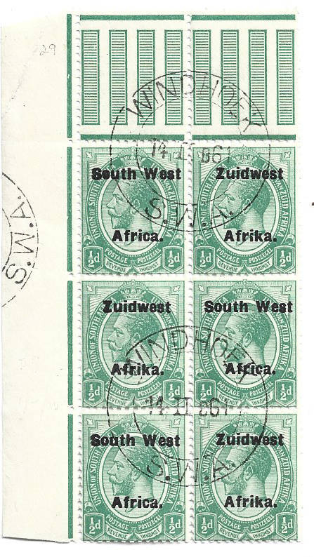 1924 S W A 1/2d TypeVl marginal block with gutterstrip used block of 6 loose perfs CC40 CV R460
