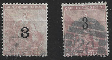 1880 COGH  3 overprint on 3d  in used single in both "3" variety CC32,33 CV R350