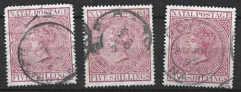 1874 NATAL Q Vic 5 x used singles  with diff colours see scan CC75,76 CV R5500 RARE