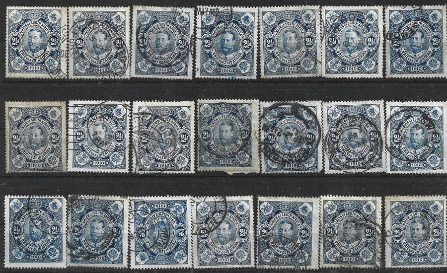 1910 UNION of S A 2 1/2d used singles x 21 blue and white paper singles