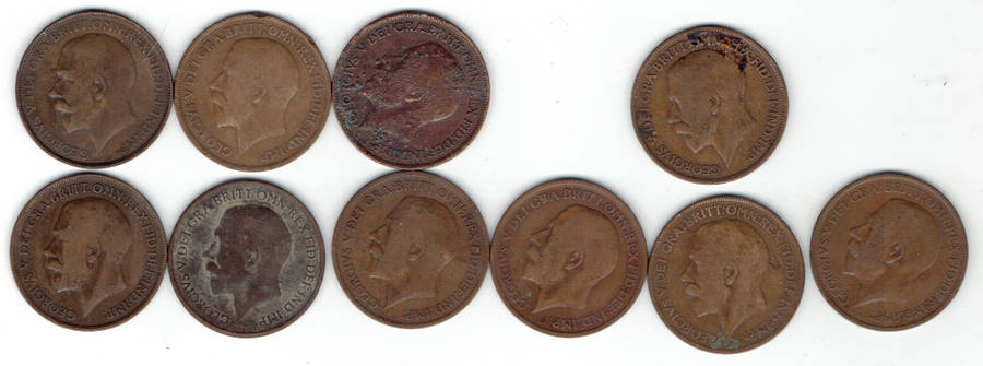 1912-22 Great Britain K G V 1 pennies in F grade (No 1915) Total of 10