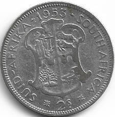 1953 UNION of S A 2 shillings 50% silver in VF grade