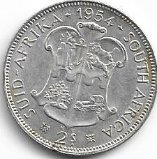 1954 UNION of S A 2 shillings in EF+ grade