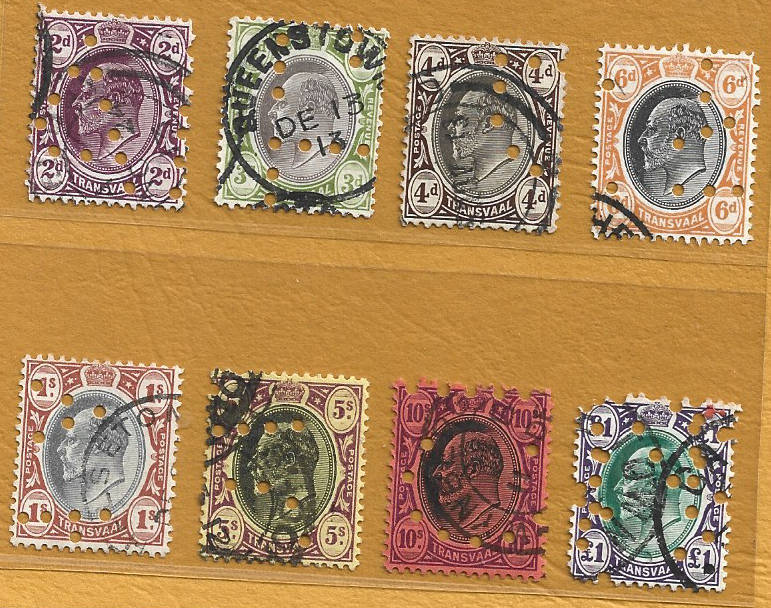 1904 TRANSVAAL 1d,2d,3d,6d,1s,5s,10s,1Pound used singles  w punch holes CC286-278 CV  R550