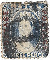 1870 NATAL 3d Used single with red ptng POSTAGE up aand down CC66 CV R300