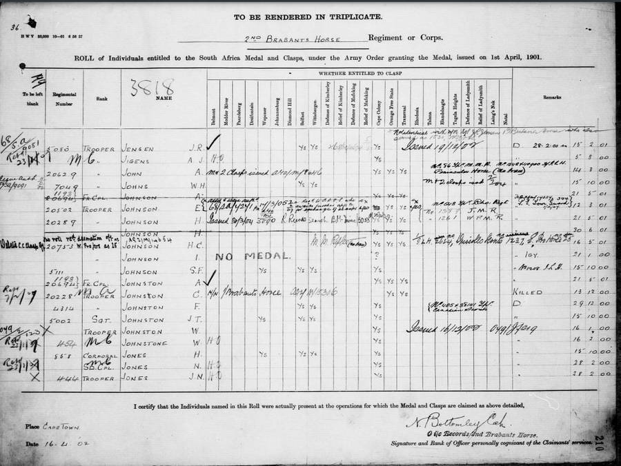 QSA - Queen South African Medal - 444 Private J.N. Jones 2nd Brabant's Horse