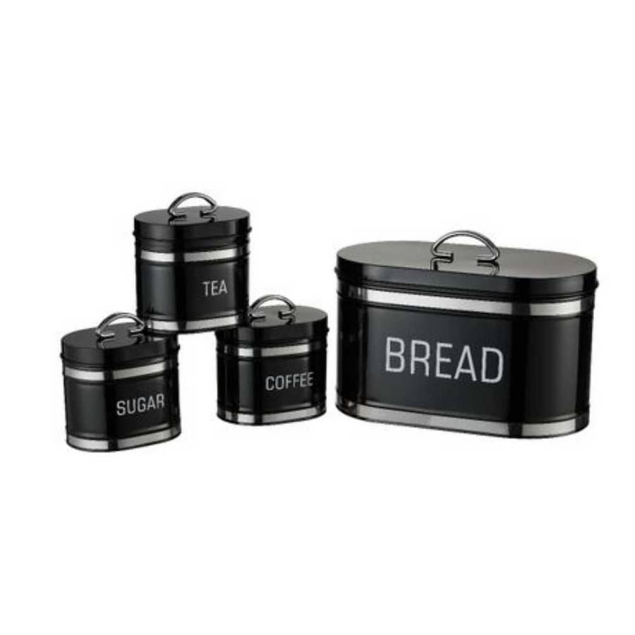 Retro 4pc bread bin & canister set with chrome stripes - GREY