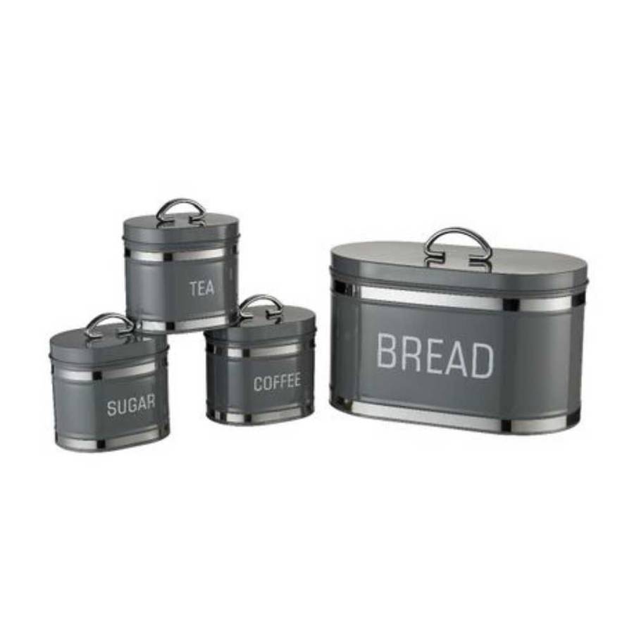 Retro 4pc bread bin & canister set with chrome stripes - GREY